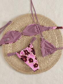 Swim Vcay Women's Latest Fashion Beach Outfit, Pink Floral & Sweet Plaid Reversible 3 PiecesSwimsuit Set, Spring/Summer Cheetah Print Leopard Print Womans Bikini Sets Bikinis For Women Sets Women Swim Suit Set Bikini With Flower - Multicolor - View 2