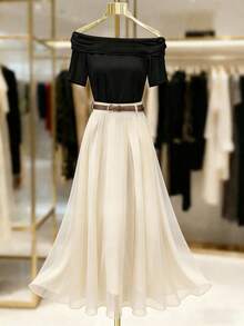 SHEIN Franclia Bộ đồ mới thanh lịch gồm áo đen ôm dáng tay ngắn trễ vai và chân váy mini dáng chữ A bằng vải lưới xuyên thấu màu mơ, đa năng cho cả mặc hàng ngày và đi làm. - Màu be - Xem 3