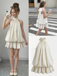 SHEIN Đầm xòe dáng suông thanh lịch cho bé gái tuổi teen, màu trơn, chất liệu vải dệt, cổ yếm, nơ nhún, viền bèo nhún, kiểu công chúa, thích hợp mặc hàng ngày hoặc đi học, màu be. - Màu be - Xem 3