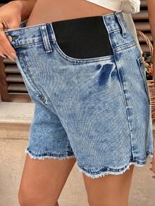 SHEIN Quần short denim dáng rộng, rách gấu, thích hợp cho bà bầu mùa hè, đi nghỉ mát và đi làm. - Màu xanh lam - Xem 7