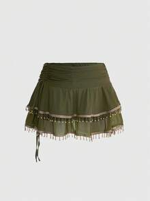ROMWE Women's Retro Hippie Western Music Festival Beaded Sheer Top With Fringe Hem & Mini Skirt Set, Plus Size - Army Green - View 5