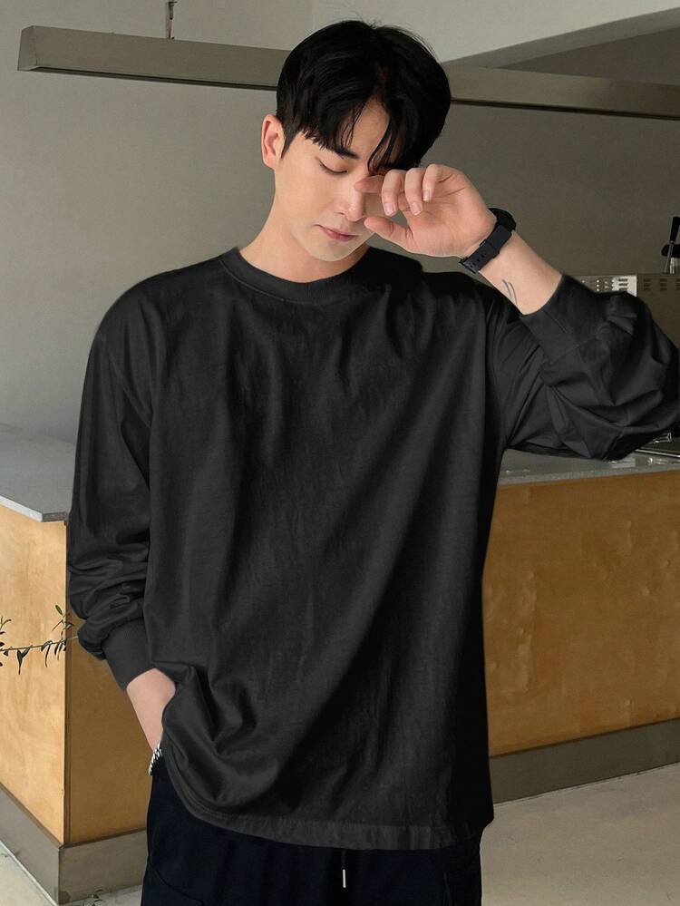 Men's Casual Solid Color Long Sleeve T-Shirt, Versatile For Autumn, Fall