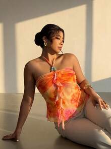 Firerie Top Halter con Volantes Estampado Floral Tie Dye Talla Grande para Mujer, Playa Vacaciones de Verano - Multicolor - Ver 3