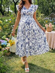 SHEIN 孕妇度假植物图案V领短袖休闲连衣裙 - 藍色 - 查看 1