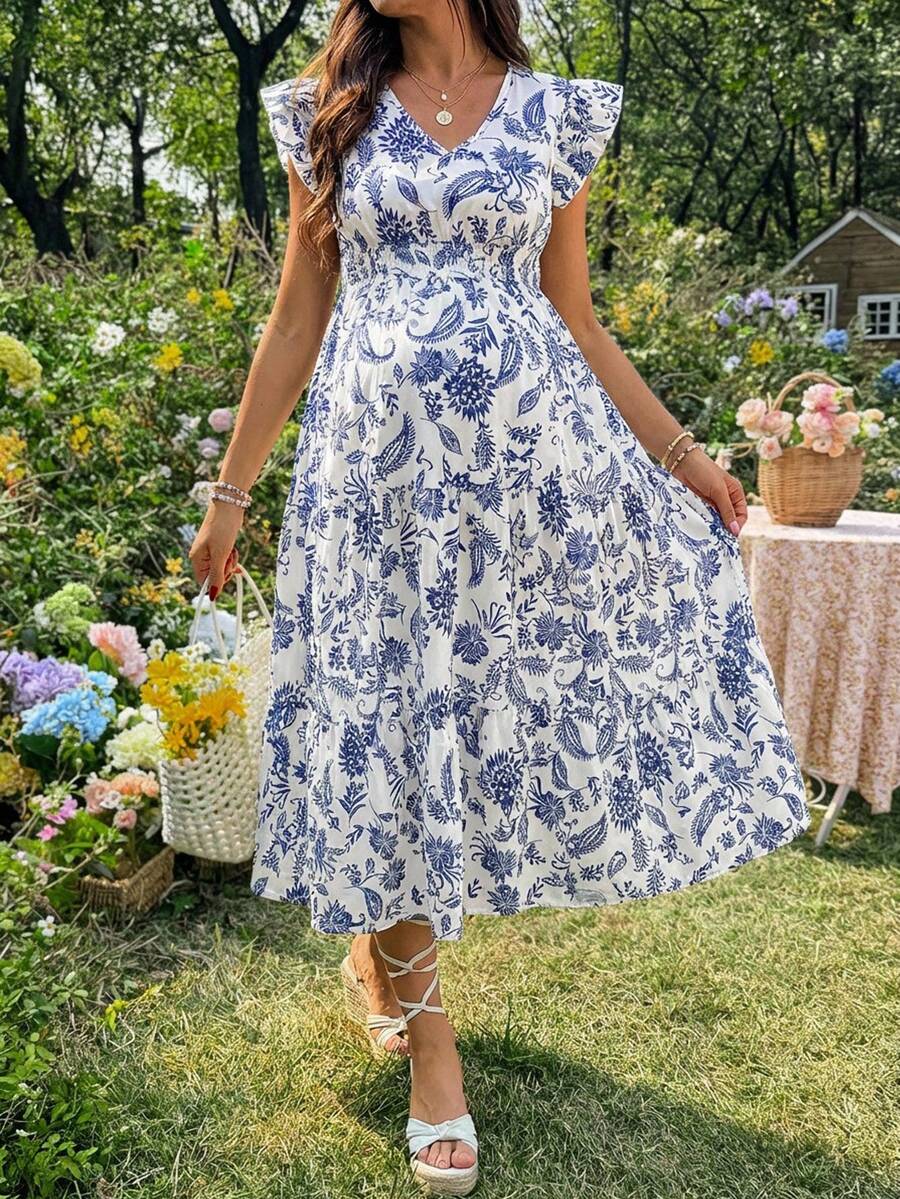 SHEIN 孕妇度假植物图案V领短袖休闲连衣裙 - 藍色 - 查看 1