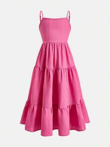SHEIN Young Girl Woven Solid Color Casual Camisole Dress - Hot Pink - View 6