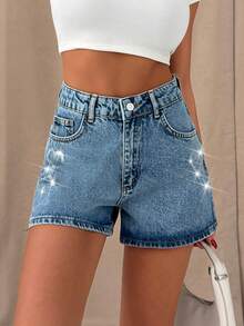 SHEIN Women's High Waist Washed Rhinestone Embroidered Casual Jeans - Medium Wash - View 7