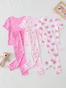 Genkimix Kids Bộ đồ ngủ 6 món ôm sát cho bé gái, màu hồng và trắng, với họa tiết gấu hoạt hình, sọc và trái tim trên chất liệu vải dệt kim mềm mại, co giãn, lý tưởng cho trang phục mặc nhà mùa hè nhẹ nhàng và thoải mái hàng ngày. - Nhiều màu - Xem 2