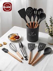 Madebyblanc Silicone Cookware Set, 12 Large Heat-Resistant Kitchen Utensils, Turner Pliers, Spatula, Spoon, Wooden Handle Kitchen Small Tool, With Anti Stick Cookware Holder - Dark Grey - View 1