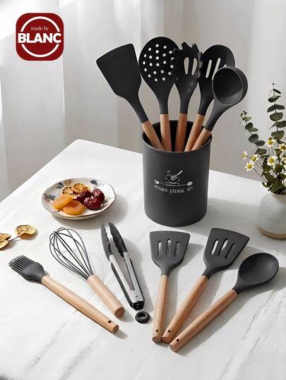 Madebyblanc Silikon Tencere Seti, 12 Parça Büyük Boy Isıya Dayanıklı Mutfak Gereçleri, Çevirme Pensesi, Spatula, Kaşık, Ahşap Saplı Küçük Mutfak Aletleri, Yapışmaz Tencere Tutacağı ile Birlikte