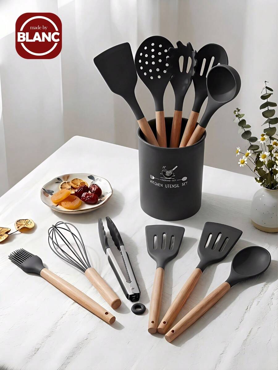 Madebyblanc Silicone Cookware Set, 12 Large Heat-Resistant Kitchen Utensils, Turner Pliers, Spatula, Spoon, Wooden Handle Kitchen Small Tool, With Anti Stick Cookware Holder - Dark Grey - View 1