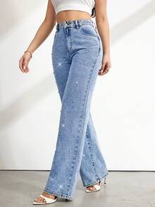 SHEIN Tall Women's Y2K High Waist Wide Leg Jeans, Rhinestone Embellished Distressed Denim Pants Casual Party Summer Outfits Pocket Straight Loose - Medium Wash - View 7