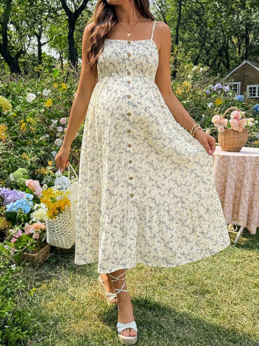 SHEIN Maternity Vacation Baby Blue Button Design Camisole Dress Photoshoot Summer Maternity - Apricot - View 1