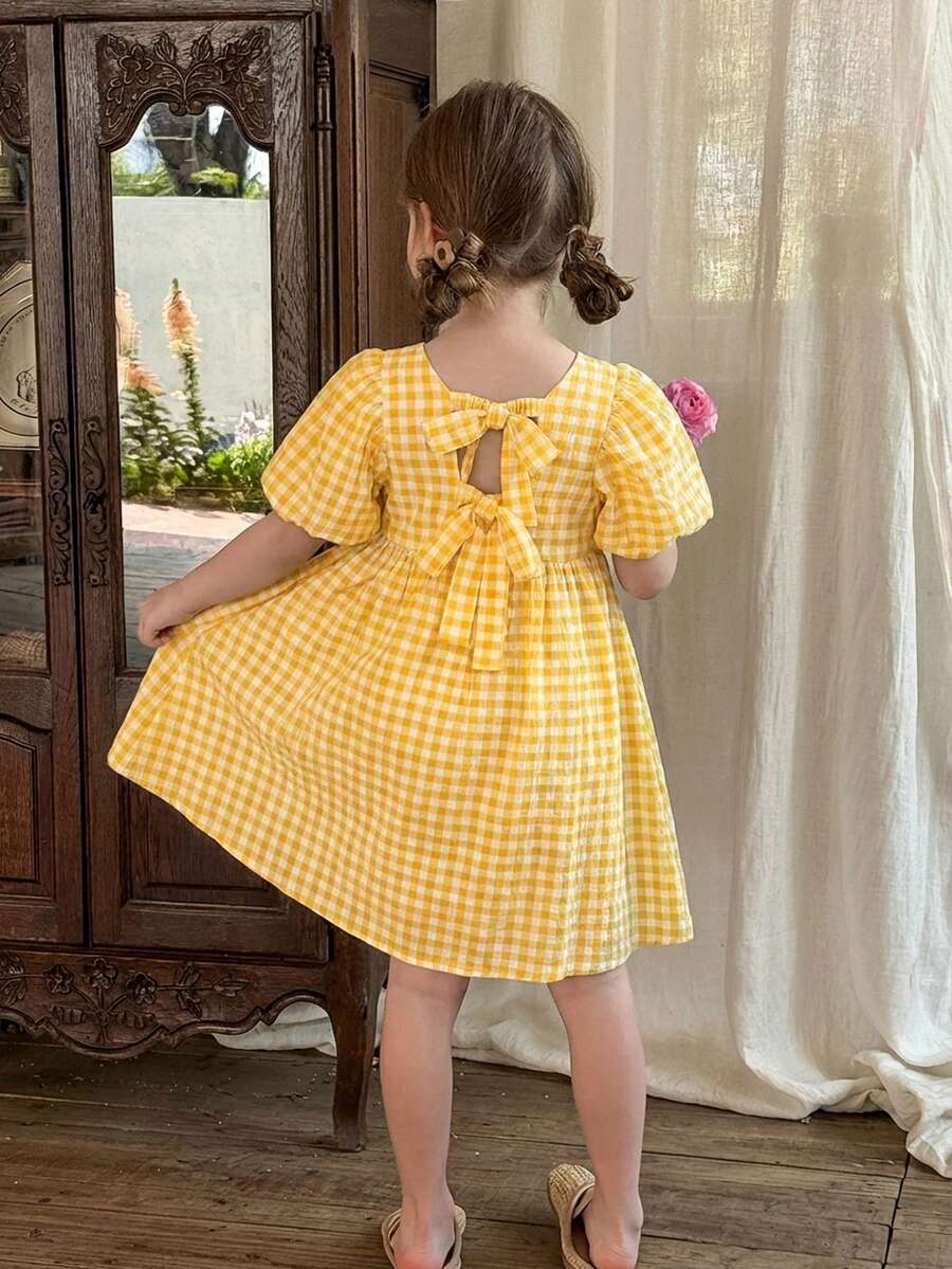 LMoss Kids 女童格纹方领泡泡袖修身连衣裙 - 黃色 - 查看 1