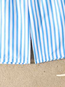 SHEIN Men's Swim Trunks,Blue And White Stripe Drawstring Swimwear Shorts For Summer,Casual Holiday Vacation,Tween Boy Light Blue Striped Swimming Shorts - Blue and White - View 6