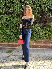 Aless PB 女士蕾丝性感透视镂空露肩长袖上衣，酒红色，适合圣诞节、万圣节、亡灵节、秋冬季叠穿 - 黑色 - 查看 5