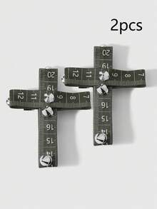 ROMWE Anime 2 Y2k Heavy Industry Punk Unique Dark Wind Goth Dark Green Tape Measure Rivet Leather Splicing Cross DIY Hairpin Duck Bill Clip Side Clip Hairpin, Combination Set, Suitable For Girls, Ladies, Sisters, Girlfriends Daily Wear, Holiday Gifts - Dark green-42 - View 4