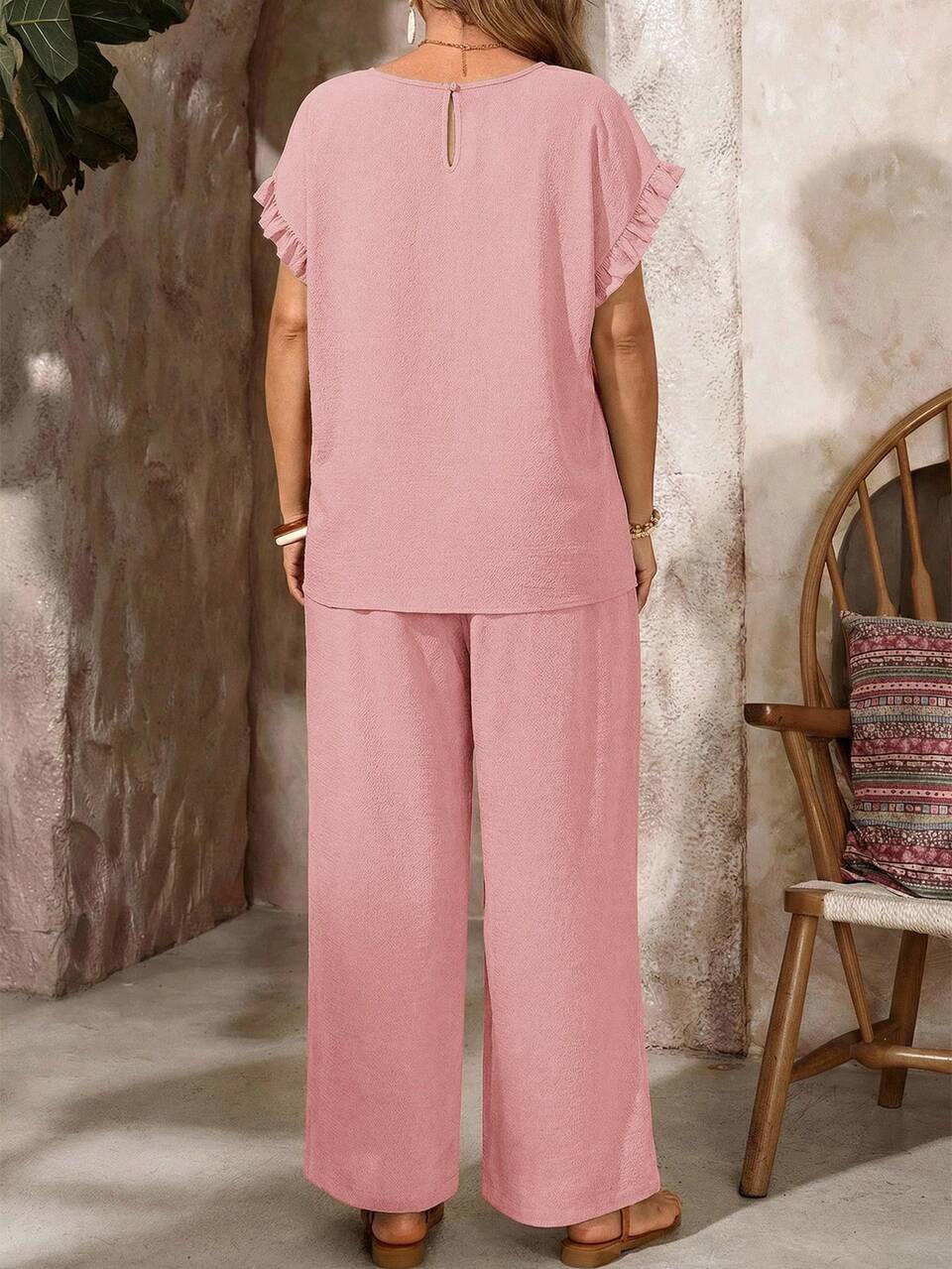 Plus Size Women's Shoulder Petal Sleeve Shirt With Ruffle Hem And Elastic Waist Pants Set,Dusty Pink,Summer,Boho,Vacation,Holiday Beach Outfit