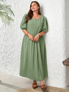 EMERY ROSE Plus Size Women's Sage Green Summer Boho Vacation Holiday Dress, Round Neck Mid-Sleeve Solid Flowy Long Dresses For Beach Daily Outfits - Green - View 6