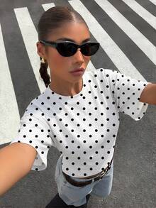 Muchica 95%纯棉女士休闲简约运动可爱甜美T恤，经典黑白波点复古图案 - 完美契合春夏，打造甜美柔和的Y2K复古风格，适合西部风情节日、甜蜜约会、下午茶、居家休闲、返校季及度假旅行。 - 彩色 - 查看 7