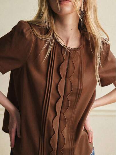 Écloséra 女士法式优雅圆领拼接蕾丝刺绣波浪时尚休闲日常通勤短袖衬衫