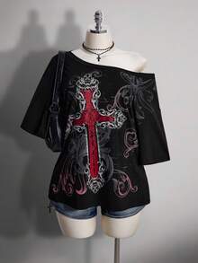 SHEIN ICON Áo thun nữ cỡ lớn họa tiết punk đính đá lấp lánh, vai lệch, dáng rộng - màu đen - Xem 1
