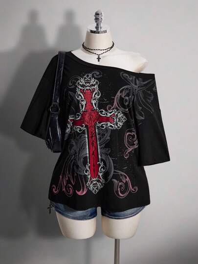 SHEIN ICON 大码女式朋克图案水钻装饰不对称肩部宽松T恤
