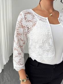 Elenzga Plus Size Women's Open Front Crop Flower Lace Jacket White Top Work Tops For Women Elegant Women's Blouses  Summer Tops,For Beach Summer Holiday Party  Graduation Office - White - View 4