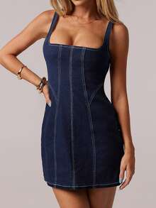 SHEIN Forever 21 Summer Clothes /Country Concert Outfit/Country Concert/Tea Party Dress /Elegant /Concert Outfits /Country Music Festival Blue Denim Dress - Blue - View 4