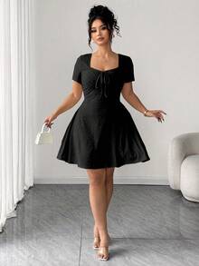 Elenzga Plus Size Fitted Stylish Solid Color Short Sleeve Jacquard Dress - Black - View 5