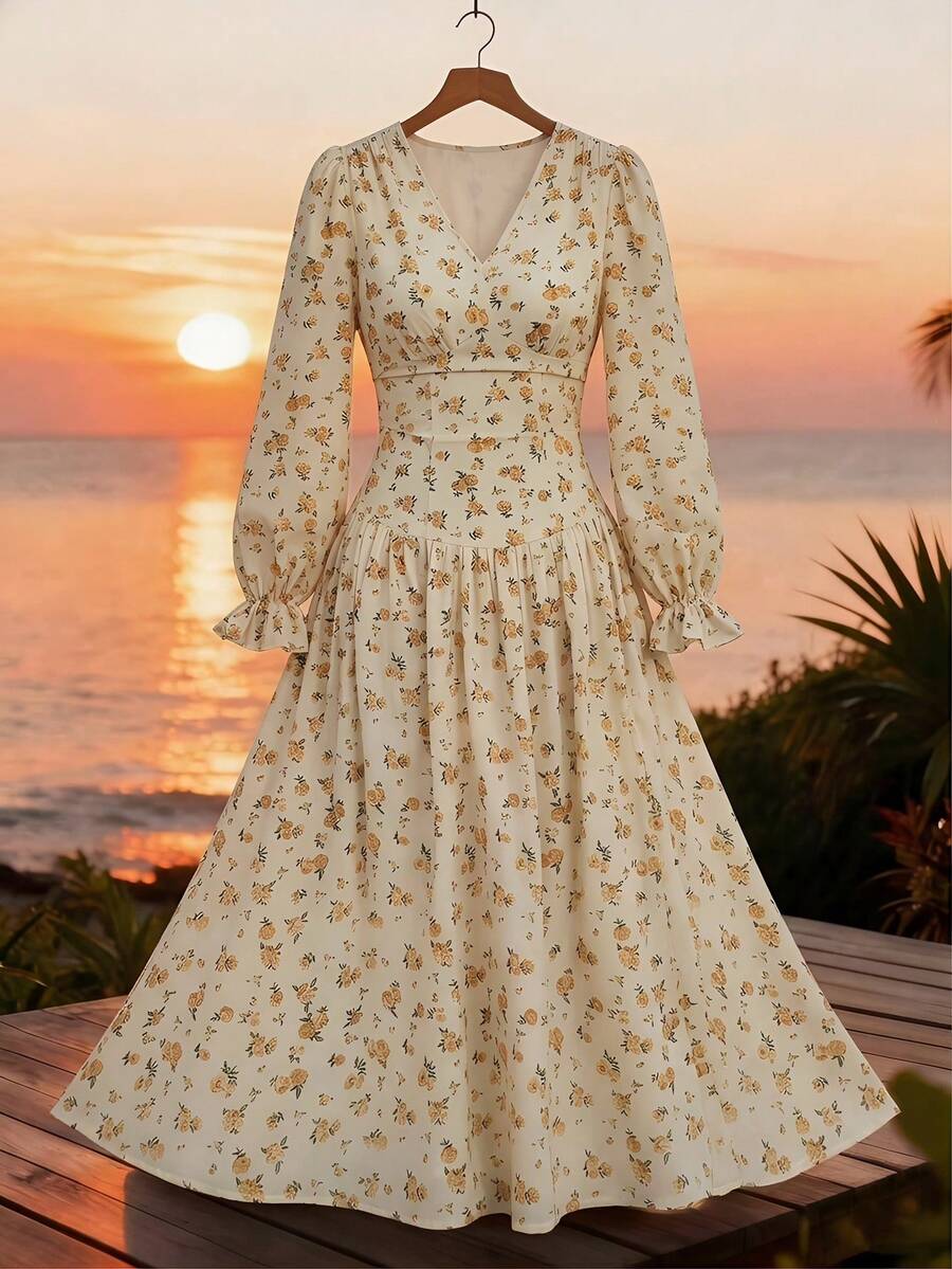 Feyla Elegant Ditsy Floral V-Neck Long Sleeve Dress For Women Yellow French Style Dresses - Multicolor - View 1