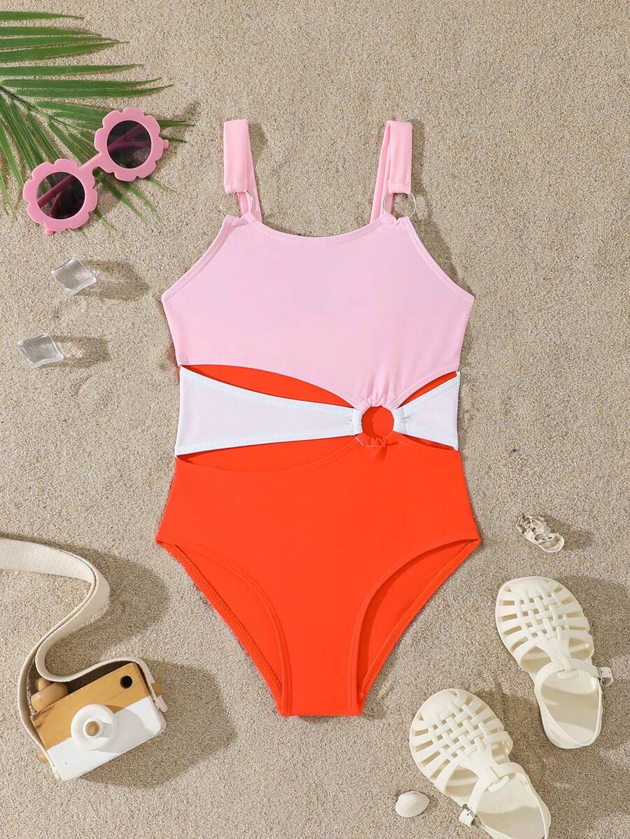 Baju Renang Terusan Anak Perempuan Motif Patchwork 3 Warna dengan Desain Pinggang Berongga, Gaya Kasual Cocok untuk Musim Panas, Pantai, Liburan, Kolam Renang, Pesta - MultiWarna - View 1