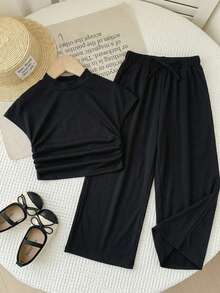 2 pezzi/Set Outfit in maglia tinta unita, top aderente con collo alto e volant laterale abbinato a pantaloni a zampa larga, adatto per vacanze estive al mare, coordinato mamma-figlia/sorelle, abbigliamento per vacanze/festival in famiglia, stile francese, carino ed elegante, dolce e retrò, alla moda e versatile. Adatto per uso casual quotidiano e scolastico. - nero - Visualizzare 3
