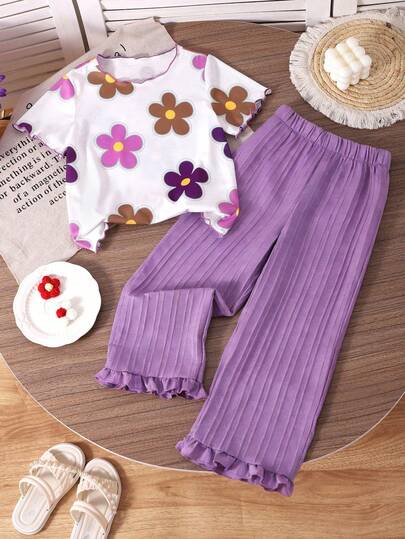 少女碎花短袖T恤和裤子套装