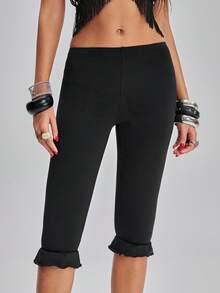 TypaGal Leggings de mujer de unicolor simple con volantes en el bajo, para verano - Negro - Ver 1