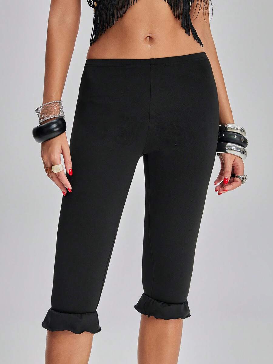 TypaGal Leggings de mujer de unicolor simple con volantes en el bajo, para verano - Negro - Ver 1