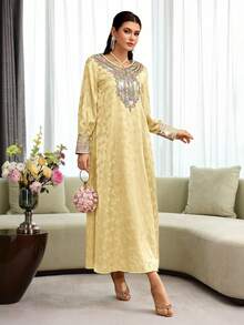 Al Najma Geometric Neckline Floral Beaded Striped Tie-Front Jacquard Arabic Style Dress - Yellow - View 2