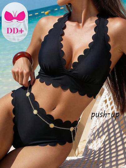 Swim DD+ Nuevo conjunto de bikini de unicolor con decoración de cadena de cintura de encaje negro para mujeres