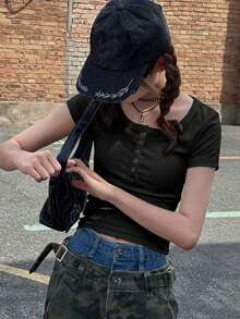 Dazy Kids Teen Girl Fitted Solid Color Short Sleeve T-Shirt Summer - Black - View 6
