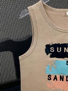 SHEIN Tween Boy Casual Vacation Style Palm Tree Pattern Sleeveless Loose Knit Tank Top, Suitable For Beach, Sports, Vacation, School - Apricot - View 5