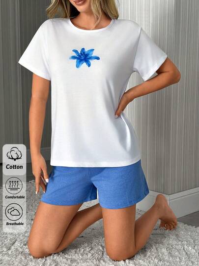 SHEIN Cotton Line Blue Floral Pattern Round Neck Short Sleeve T-Shirt And High Waist Blue Comfy Casual Shorts Set For Everyday Wear