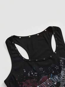 ROMWE Grunge Punk Áo tank top nữ phong cách PUNK in hình nốt nhạc và ngôi sao đính đinh tán - màu đen - Xem 4