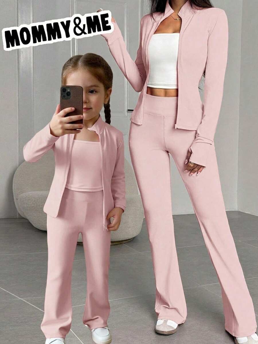 SHEIN Bộ 2 món cho bé gái gồm áo dài tay màu trơn cổ đứng có khóa kéo và quần dài, thích hợp mặc thường ngày & đi học vào mùa hè & mùa thu - Bụi hồng - Xem 1