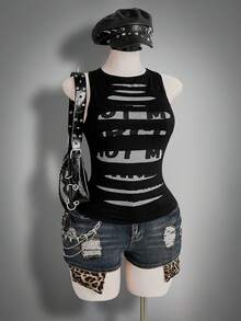 SHEIN ICON 大码极简印花圆领无袖背心 - 黑色 - 查看 8