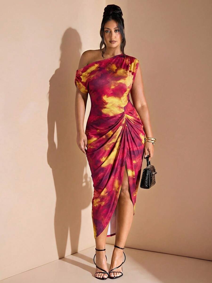 SHEIN BAE 大码女装秋冬时尚优雅约会派对黑色弹力针织舒适褶皱垂褶连衣裙不对称下摆开衩中长连衣裙,毕业礼服,女士生日礼服,开衩撞色扎染印花连衣裙,婚礼宾客礼服 - 彩色 - 查看 1