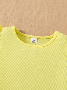 SHEIN 女童圆领短袖罗纹上衣配蝴蝶结装饰和短裤两件套，夏季 - 黃色 - 查看 6