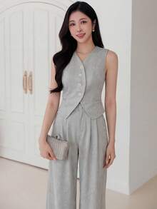 DAZY Women's Casual Sexy Elegant Sleeveless Shirt And Straight Leg Pants 2 Pieces Set, Spring/Summer Golf Pastal - Grey - View 1