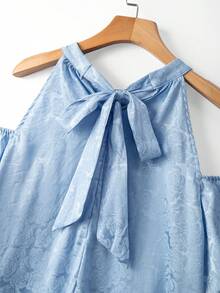 GlowEve CURVE Women's Plus Size Sky Blue Rose Print Cold-Shoulder Halter Top,Elegant Summer Puff Sleeve Loose Blouse,Sweet Tea Party Short Sleeve Yisikado Clothing - Blue - View 5
