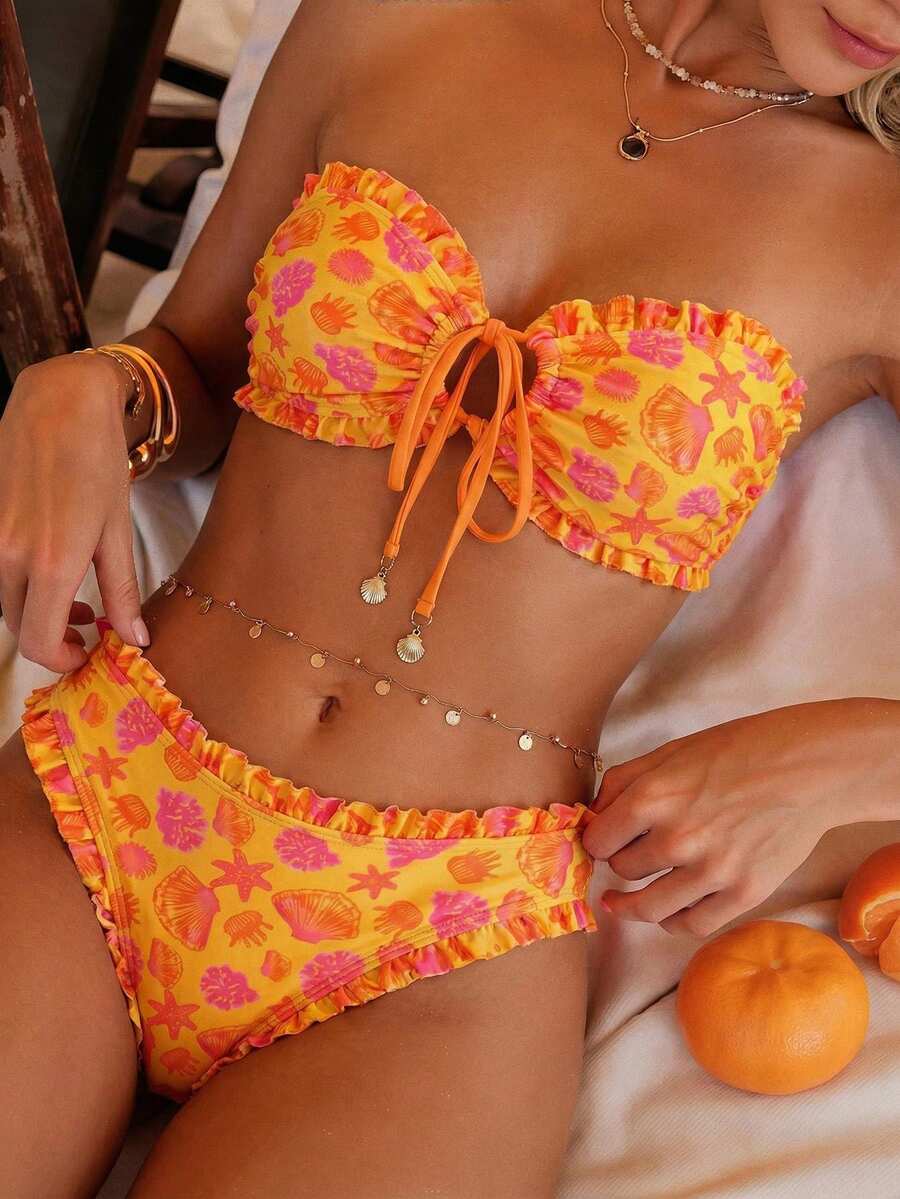 Swim Mod Spring/Summer Fashion Ocean Print Design Shell Decor Sexy Bikini Vacation Set Bikinis Set For Women Vacation Outfits Women Bikini Set Two Piece Set - Multicolor - View 1