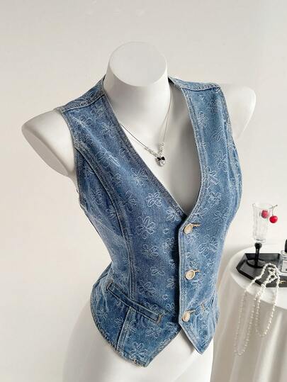 SHEIN Women's All-Over Print Single-Breasted Casual Versatile Daily Wear Denim Vest Jacket